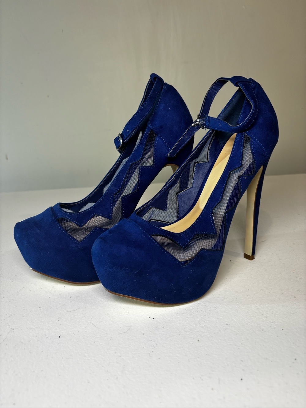 JustFab Royal Blue Suede Platform Heels with Ankle Strap